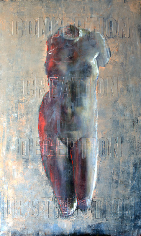 Painting of Greek status in Louvre by Praxiteles with embossed text, Conception, Creation, Deception, Destruction